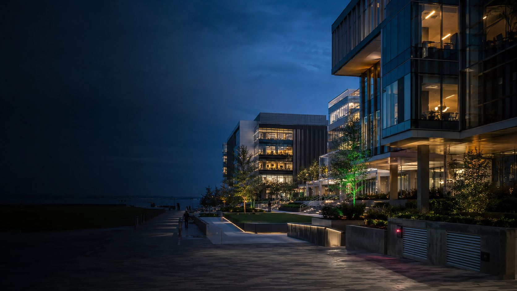 Contemporary commercial and institutional property at blue hour